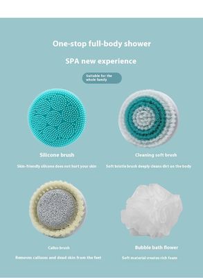 فرشاة استحمام كهربائية قابلة لإعادة الشحن أوتوماتيكية بالكامل مع مقبض طويل من السيليكون لتدليك الجسم